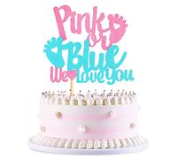 Blumomon 1Pc Glitter Pink or Blue We Love You Cake Topper Footprint Gender Reveal Cake Decoration for Baby Shower Theme Boy or Girl Gender Reveal Party Decoration Supplies