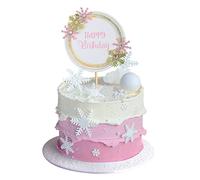Blumomon 1Pcs Snowflake Happy Birthday Cake Topper Round Shape Pink Snowflake Babyshower Cake Decorations for Winter Baby Wonderland Xmas Baby Shower Party Cake Decor Supplies