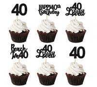 Blumomon 24 Pack Happy 40th Birthday Cupcake Toppers - Black Glitter 40 Years Loved Picks for Anniversary Party Cake Decorations Supplies