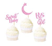 Blumomon 24 Pack Sweet Baby Girl Cupcake Toppers Pink Glitter Girl Newborn Gender Reveal Cake Decorations for Baby 1st Birthday Party Supplies Gender Reveal Baby Shower Decorations