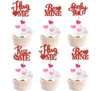 Blumomon 24 Pack Valentine’s Day Be Mine Cupcake Toppers Red Glitter Hug Me Only You Cupcake Picks Valentine’s Day Cake Picks for Valentine’s Day Wedding Party Cake Decorations Supplies