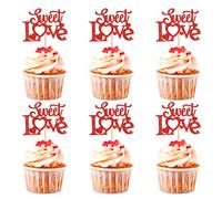 Blumomon 24Pcs Glitter Red Happy Valentine's Day Cupcake Toppers Valentine's Day Cake Decorations for Sweet Love Wedding Engagement Valentine's Day Bridal Shower Party Cake Decors