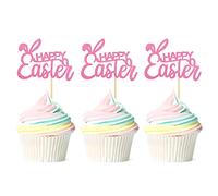 Blumomon 24Pcs Happy Easter Cupcake Toppers Pink Glitter Bunny Ear Cupcake Picks Happy Easter Theme Party Cake Decorations Supplies