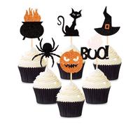 Blumomon 24Pcs Happy Halloween Cupcake Toppers Glitter Pumpkin Witch Spider Cupcake Picks Halloween Theme Birthday Anniversary Babyshower Party Supplies