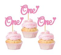 Blumomon 24Pcs One Cupcake Toppers Glitter Baby First Birthday Party Cupcake Food Picks Decorations for Baby Shower Boys Girls Kids 1st Birthday Party Cake Decorations Supplies Pink