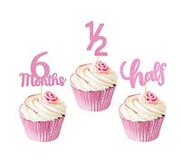 Blumomon 24Pcs Pink Glitter 6 Months 1/2 Birthday Cupcake Toppers Half Year Birthday Food Picks for Baby Shower Party Decorations