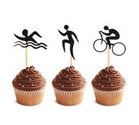Blumomon 24Pcs Swim Bicycle Run Cupcake Toppers Black Glitter Triathlon Cupcake Picks Sports Theme Cupcake Toppers Baby Shower Birthday Sports Theme Party Cake Decoration