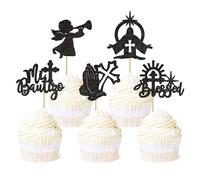 Blumomon 25 Pcs Christianity Baptism Cupcake Toppers Black Glitter Christian Cross Cupcake Decorations Picks God Bless Cake Decorations for ‘Mi Bautizo’ Religion Theme Birthday Party Supplies