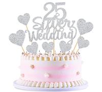 Blumomon 25Pcs 25th Anniversary Cake Toppers Silver 25th Weddding Anniversary Heart Cake Decoration for 25 Silver Wedding Celebration Party Supplies