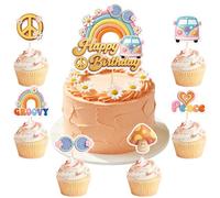Blumomon 25Pcs Groovy Hippie Cake Topper Retro Rainbow Peace Sign Bus Mushroom Sunglasses Cake Picks for 70s Boho Girls Birthday Baby Shower Party Cake Decor Supplies