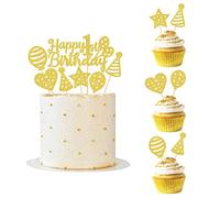 Blumomon 25Pcs Happy 1st Birthday Cake Toppers Assembled Gold Glitter Baby Boy Girl First Birthday Cake Decorations with Balloon Star Heart Cupcake Toppers for 1st Birthday Party Supplies