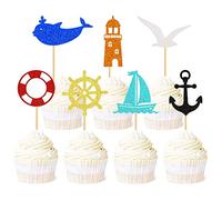 Blumomon 28Pcs Nautical Cupcake Toppers Sailing Theme Dolphin Beacon Seabird Cake Topper Decorations Ship Nautical Sailing Anchor Cupcake Picks for Ocean Theme Birthday Party Baby Shower Supplies