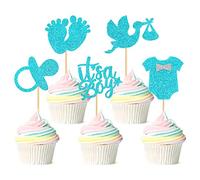 Blumomon 30Pcs It's a Boy Cupcake Toppers Pacifier Glitter Onesie Jumpsuit Cupcake Picks Swan Pacifier Cake Decorations for Baby Shower Boy Birthday Theme Party Supplies