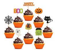 Blumomon 32Pcs Happy Halloween Cupcake Toppers Glitter Pumpkin Ghost Trick or Treat Cupcake Decoration Picks Halloween Theme Birthday Anniversary Babyshower Party Supplie