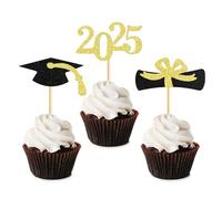 Blumomon 36Pcs Gold Glitter Class of 2025 Graduation Cupcake Toppers - Cake Decorations With Grad Cap for Party Supplies