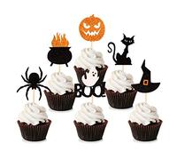 Blumomon 36Pcs Halloween Cupcake Toppers - Cake Toppers, Glitter Pumpkin, Black Cat, Spider, Fruits Picks for Party Decoration