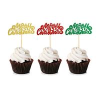 Blumomon 36Pcs Merry Christmas Cupcake Toppers Red Gold Green Glitter Xmas Cupcake Pick Decorations for Xmas Party New Year Ceremony Cake Cupcake Decor Party Supplies