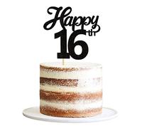 Blumomon 3Pcs Happy 16th Cake Topper Black Glitter Number 16 Sixteen Birthday Cake Pick Decorations for Cheers to 16 Years Old 16th Birthday Wedding Anniversary Party Supplies