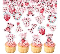 Blumomon 40pcs Edible 1st Baby Shower Cupcake Decorations - Edible Rabbit Dress Strawberry Bear Cupcake Toppers - Baby Girl 1st Birthday & Baby Shower Party Supplies