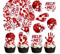 Blumomon 40PCS Edible Bloody Hand Horror Skull Cupcake Topper Bloody Feet Help Me Cupcake Picks for Horror Halloween Day Crime Theme Party Decors Halloween Birthday Party Cake Decorations Supplies