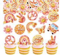 Blumomon 40Pcs Pre-Cut Edible Boho Hippie Cupcake Toppers Peace Sign Rainbow Love Hand Cake Decor Picks, 60s Retro Hippie Birthday Freedom No War Boho Party Edible Cake Decoration Supplies