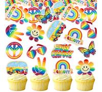 Blumomon 40Pcs Pre-Cut Edible Boho Hippie Cupcake Toppers Peace Sign Rainbow Love Hand Cake Decor Picks, 60s Retro Hippie Birthday Freedom No War Boho Party Edible Cake Decoration Supplies
