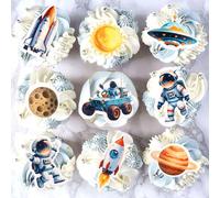 Blumomon 44Pcs Edible Planet Cupcake Topper Alien Rocket Spacecraft Cupcake Decorations Picks Space Theme Baby Shower Kids Birthday Party Edible Cake Decorations