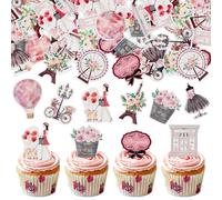 Blumomon 45 Pack Edible Paris Party Cupcake Toppers Pink Paris Theme Cake Decoration Drink Topper Picks Eiffel Tower Balloon for Girls Birthday Romantic themes Party Decor Supplies