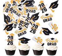 Blumomon 48Pcs Edible Congrats Graduation Cupcake Toppers Orange Class 2026 Graduation Cap Diploma Cupcake Topper 2026 Graduation Party Decorations Supplies Edible Graduation Party Cake Decorations