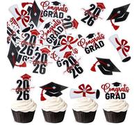 Blumomon 48Pcs Edible Congrats Graduation Cupcake Toppers Red Class 2026 Graduation Cap Diploma Cupcake Topper 2026 Graduation Party Decorations Supplies Edible Graduation Party Cake Decorations