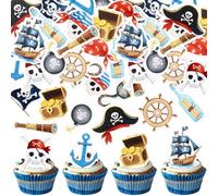 Blumomon 52Pcs Pre-Cut Edible Pirate Cupcake Toppers Pirate Theme Cupcake Decorations Kid Cupcake Picks for Birthday Party Baby Shower Supplies
