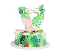 Blumomon Pink Dinosaur Cake Toppers Set - Green Leaf Happy Birthday Banner for Boy & Girl's Dinosaur Theme Party Decoration