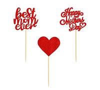 Blumomon Red Glitter Happy Mothers Day Cupcake Toppers Best Mom Heart Cupcake Picks for Mother's Day Party Cake Decorations