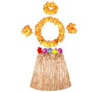 Blunivia 5Pcs Hawaiian Leis and Hula Skirt Set for Tropical Parties, Includes Flower Necklace, Headband, Bracelets, and Grass Skirt for Kids and Adults