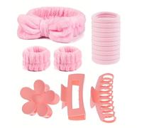 BluOcnMkt 16Pcs Skincare Headhands Wristbands Hair Ties Set for Women Washing Face Spa Makeup Hairband for Women Hair Claw Clip Pink