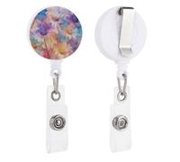 Blur Effect Flowers Badge Reel, Rotatable & Retractable Name Badge Holder Reel with Metal Clip, Nylon Cord ID Holder for Teacher, Nurse, Office Worker