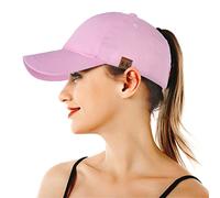 BLURBE Ponytail Baseball Cap - Mesh Cap Classic Plain Hat, Sun Messy High Bun Cap Adjustable Pony Caps, Sports Casual Trucker Hats Cap for Women Pink