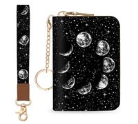 Blusabaca RFID Credit Card Holder Wallets for Women, Small Card Case Wallet with Removable Keychain and Zipper, Leather Card Holder Pocket Business Card Accordion Wallet, Wristlet Moon, S, Modern