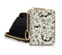 Blusabaca RFID Credit Card Holder Wallets for Women, Small Card Case Wallet with Removable Keychain and Zipper, Leather Card Holder Pocket Business Card Accordion Wallet, Goth Bat, Modern