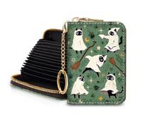 Blusabaca RFID Credit Card Holder Wallets for Women, Small Card Case Wallet with Removable Keychain and Zipper, Leather Card Holder Pocket Business Card Accordion Wallet, Witch Spooky Halloween, S