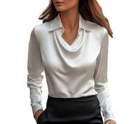 Blusas Elegantes para Mujer para Fiestas Women's Elegant Cowl Neck Satin Blouse Long Sleeve Office Work Shirt Collar Blouses V-Neck Casual Silk Tops Loose Soft Comfort Dress Going Out Shirts White