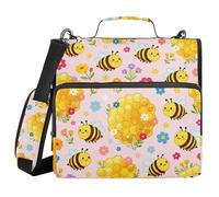 Blush Background Bee Honeycomb 3 Ringing Sturdy Zipper Binder with Handle and Removable Shoulder Strap Multi-Pocket Portfolio Binder for Middle Student