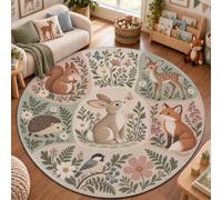Blush Bunny Garden Round Rug 240cm, Children's Washable Area Rug | Rabbit and Wildflower Patchwork Carpet, Soft Low Pile with TPR Backing for Nursery, Bedroom and Playroom