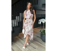 Blush Floral Print Gathered Midi Dress With Shoulder Pads AX Paris Light Pink 8
