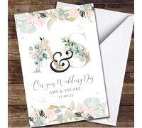 Blush Gold Floral Your Wedding Shimmer Any Names Date Initial Personalised Card - Personalised Wedding Day Card, Congratulations On Wedding Day Card For Bride & Groom