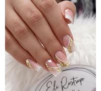 Blush Gold Swirl French Tip Press On Nails - Short Almond Shape, Glitter Wave Accents, 24Pcs Full Cover Fake Nails with Nude Ombre for Women Daily Wear, Easy Application, Glossy Finis