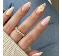 Blush Nude Almond Press On Nails With Floral Gradient Design - Medium Length Salon-Quality Manicure Set of 24 For Wedding & Party Events, Glossy Abstract Art False Nails Kit With Gold Accents