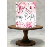 Blush Peony Happy Birthday Edible Cake Wrap - Floral Icing Sheet or Wafer Paper Topper, Elegant Flower Cake Decoration for Parties and Celebrations!057 (Wafer Paper)