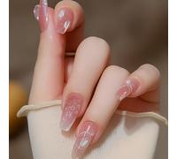 Blush Pink Base Press on Nails with Dreamy Ice Crystal Design Long Almond Shape - 24 PCS Glitter Accents Sheer White Swirl Lines for Women Daily Wear Fake Nails Elegant Touch