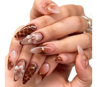 Blush Pink French Tip Floral Press on Nails Medium Almond,Red Brown Leopard False Nails with Flower Cherry Design,Chic & Stylish Full Cover Stick On Nail for Women Party Wedding Daily Wear